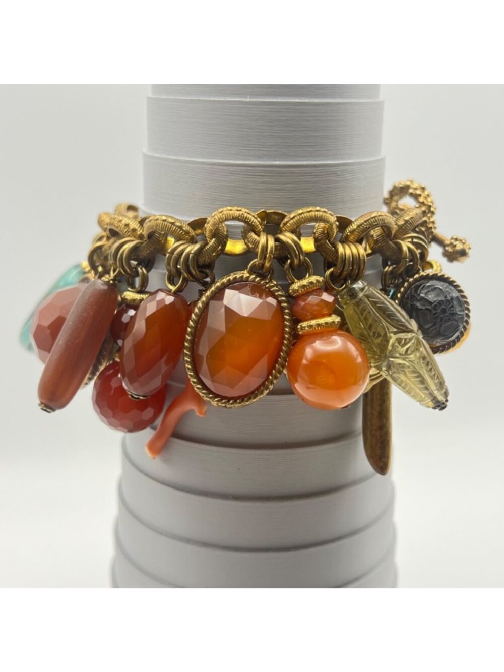 Stephen Dweck Charm Bracelet Vintage Bronze Turquoise Carnelian Gemstone - Picture 11 of 16